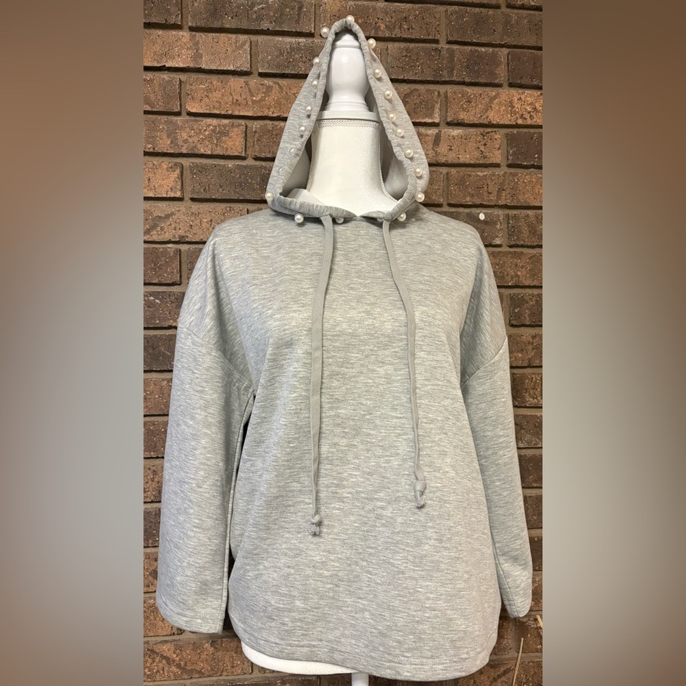 Pearl-Trim Hooded Sweatshirt in Light Gray